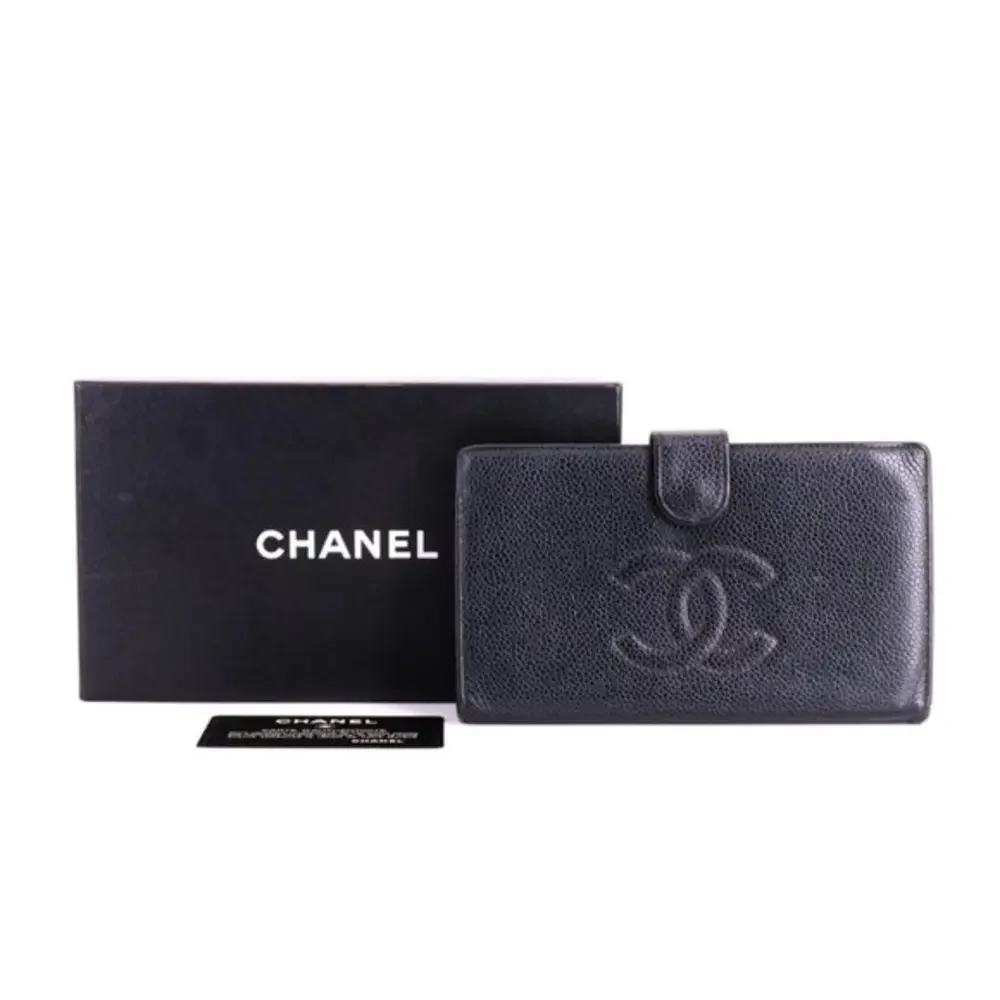 Chanel Vintage Black Caviar Leather CC‎ Logo Long Wallet Made in France